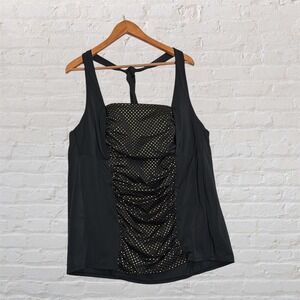 Swim by Cacique Black Gold Polka Dot Ruched Halter Tankini Top Underwire 44C
